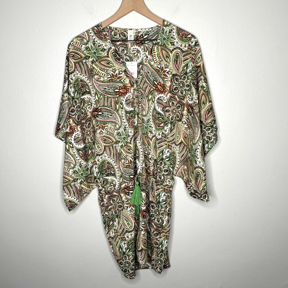 Versona Womens Kaftan Coverup One Size Green Yellow Paisley Multicolor Vacation - Picture 1 of 10